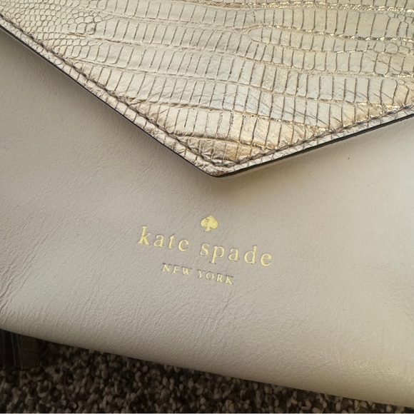 Kate Spade New York Cream Ivory Leather Clutch Gold Lizard Embossed Flap Bag - Picture 3 of 10
